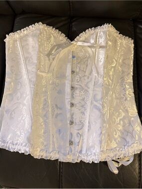 White Satin Brocade Corset Top with Front Busk Closure - S Large - BRAND NEW